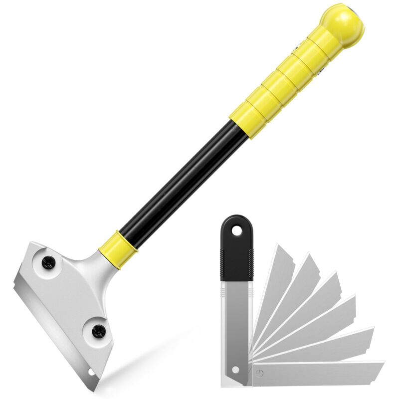 Grattoir Vitre, Grattoir Peinture avec 10 Lames, Racloir pour Plaque avec Fonction knock-out, Scraper Plancha à Long Manche pour Plaque à Induction,