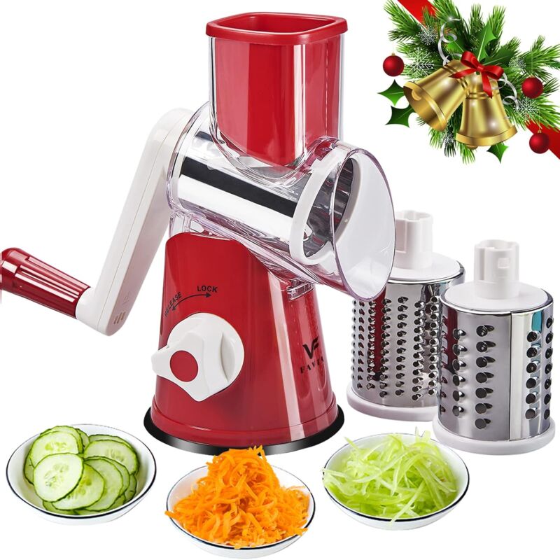 Image of Grattugia rotante manuale per verdure, grattugia manuale per verdure, grattugia a tamburo multifunzione, con 3 lame in acciaio inox, per frutta,