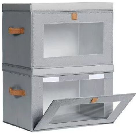 Graue Aufbewahrungsbox für Kleidung, 42 x 30 x 28 cm, 2 große Schränke mit Deckel, mit Griff und Fenster, faltbare dekorative Box