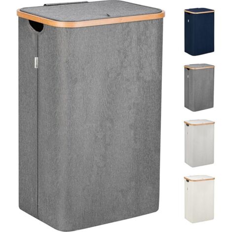 Grauer Wäschekorb – XL 100 Liter – Großer Wäschekorb mit Deckel und Griffen – Wäschekorb fürs Schlafzimmer – Wäschekorb aus Bambus fürs Badezimmer