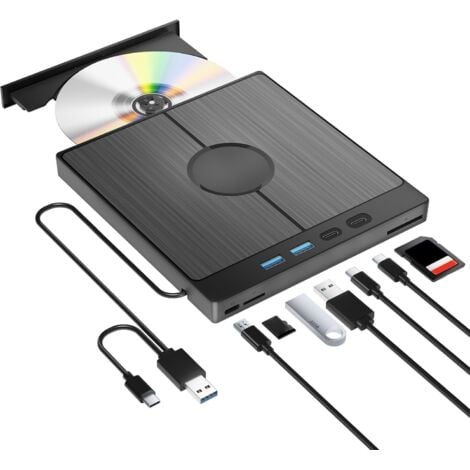 AUTRES Graveur CD/DVD externe 7 en 1, USB 3.0 Type-C, graveur CD/DVD +/-RW, lecteur de cartes SD/TF, transmission rapide et fine, câble USB intégré pour Windows 11/10/8/7/XP/Vista