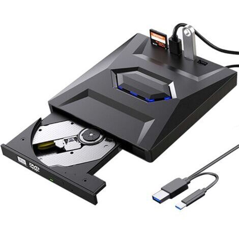 Graveur CD/DVD Multifonction USB 3.0 & Type-C, Lecteur DVD Externe 5 en 1, Transfert Haut Débit, Compatibilité Windows 11/10 Mac MacBook Linux, Noir