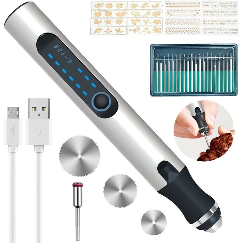 Kinsi - Graveur Électrique- Gravure Carve Outil, Mini Stylo Graveur sans Fil, argent