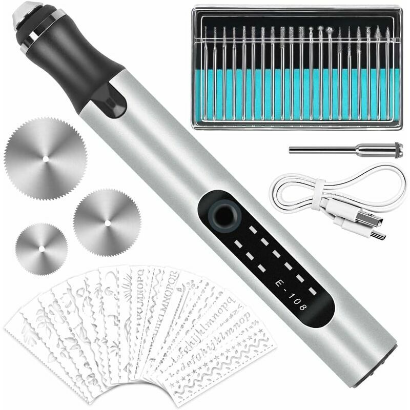 Graveur électrique, Outils de Gravure usb Rechargeable Multifonction Mini Stylo de Graver avec 20 Bits et 16 Pochoirs Pour Bricolage Bijoux Métal