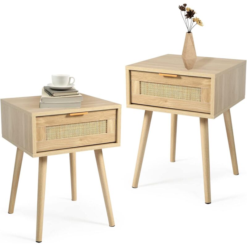 GRAVFORCE Lot de 2 Tables de Chevet avec Tiroir Table d'appoint à pieds en bois massif pour salon chambre à coucher