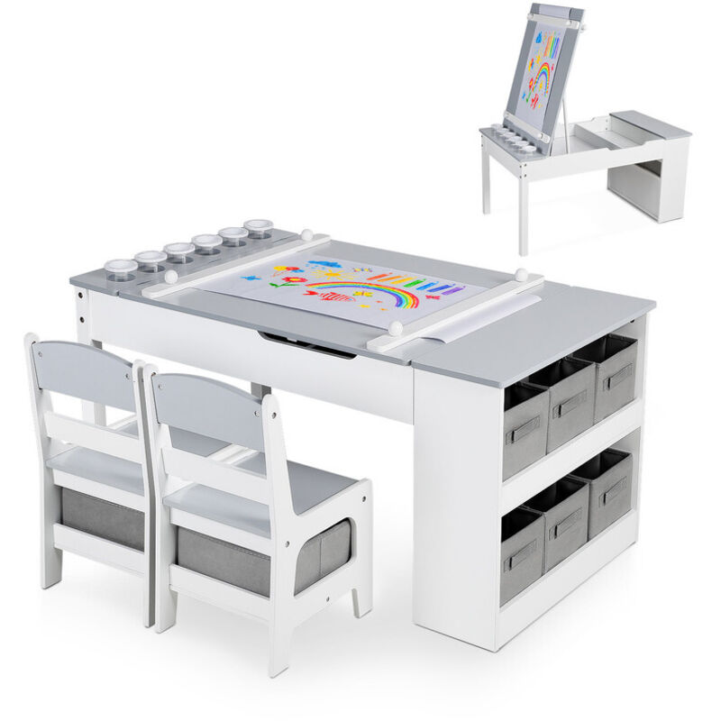 Table enfant avec 2 chaises à peindre – Plateau réglable en hauteur – Rangement pots de peinture 8 compartiments – Tissu gris 3 ans+