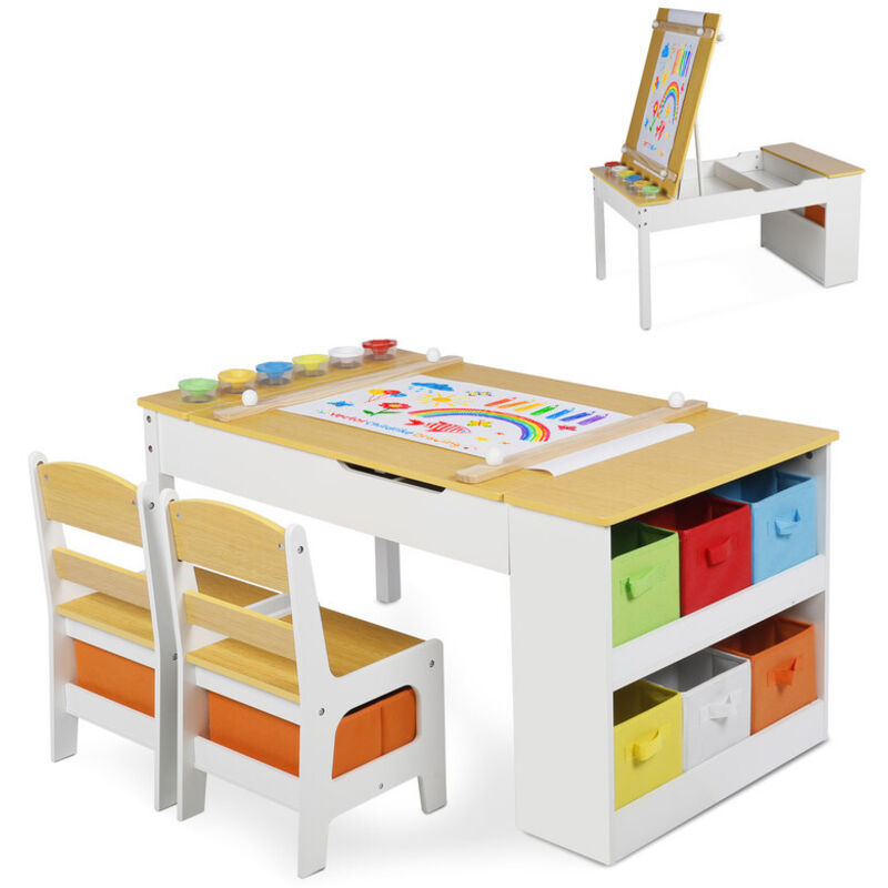 GRAVFORCE Table enfant 2 chaises plateau réglable en hauteur à peindre et créer pour enfants 3 ans et plus avec rangement 8 compartiments tissu pour
