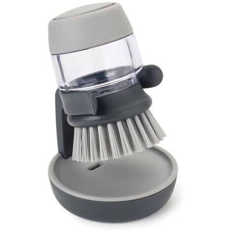 Gray palm leaf dish brush, refillable dish soap dispenser and storage stand
