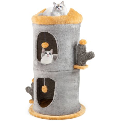 Grazioso albero per gatti con 2 comode casette e piattaforma imbottita in peluche, Casa per gatti a 2 piani