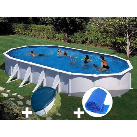 GRE – Kit piscine tubulaire acier blanc ovale 10,20 x 5,75 x 1,32 m – Bâche hiver incluse – Filtration à sable 10 m³/h – Échelle de sécurité