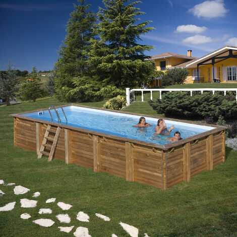 GRE – Piscine bois Braga 8,15 x 4,20 x 1,46 m – Rectangulaire en pin traité autoclave IV – Volume 37m³ – Débit filtration 10m³/h