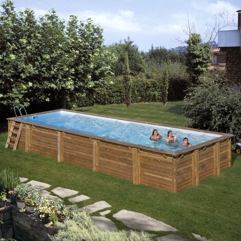 GRE – Piscine hors sol rectangulaire en bois traité 10,10 x 4,18 x 1,46 m – Volume 50 m³ – Surface de nage 36,45 m² – Installation hors-sol ou enterrée