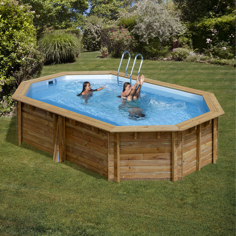 GRE – Piscine hors sol en pin sylvestre traité autoclave IV – Ovale 5,35m x 3,35m x H: 1,17m – Volume 13m³ – Surface de nage 12,8m²