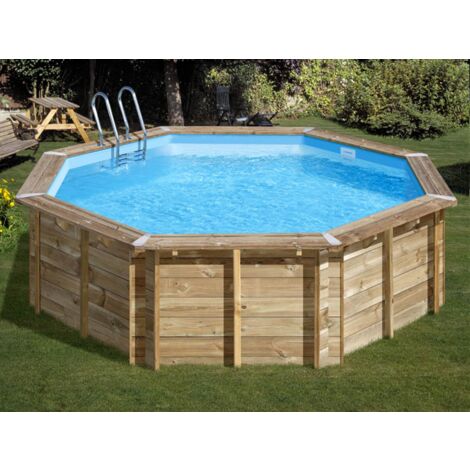 GRE – Piscine hors sol octogonale en bois 5,00 m x 1,27 m – Volume 15,5 m³ – Hauteur d'eau 1,11 m – Échelle inox et filtration incluses