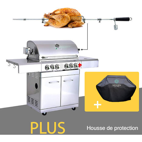 main image of "GREADEN - BBQ Grill Barbecue a Gaz INOX DÖNER 22KW- 4 BRÛLEURS+ 1 KIT RÔTISSOIRE (Infrarouge & TOURNEBROCHE)+ 1 FEU LATÉRAL et Thermomètre, Grille/Plancha + Housse"