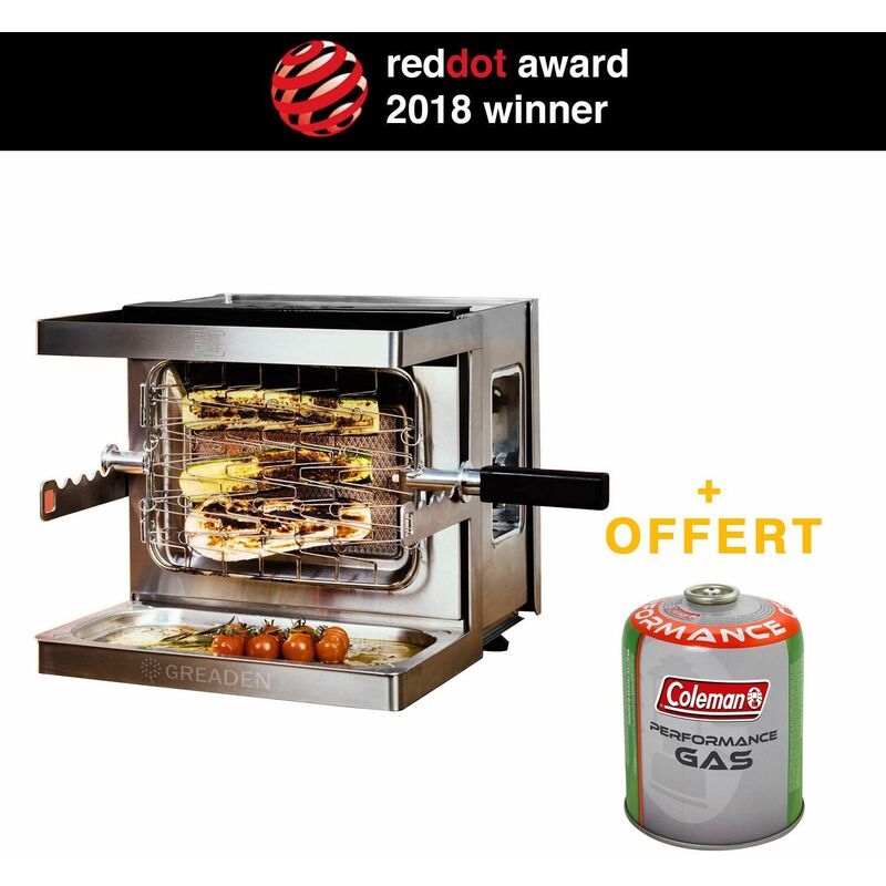 Greaden - Mini barbecue a gas mobile Beef Chef - Potente griglia 800 ° C - Red Dot Award Barbecue tedesco Giardino all'aperto Picnic / Campeggio