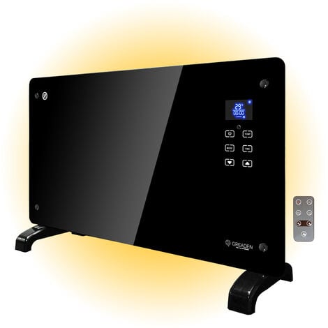 Greaden Radiateur Convecteur en verre 2000 W électrique,2 niveaux de chaleur, écran LED tactile, Mode ECO, 5 programmes disponibles, Noir, installation au mur ou sur pied