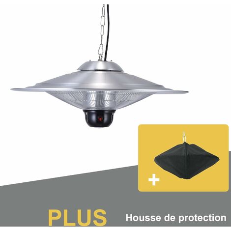 GREADEN - Sombrilla Colgante Infrarrojos Climatizada con Mando a Distancia y Lámpara LED SATURN - Calefacción Eléctrica Halógena para Terraza 2100W IP24 - Regulación, Jardín / Patio / Carpa / Terraza - negro
