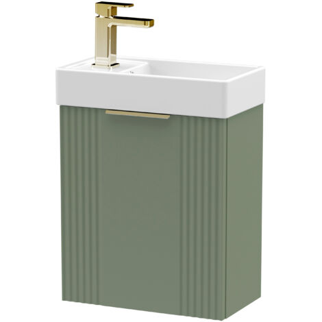 Green 400mm Wall Hung Cloakroom Vanity Basin Unit with Brushed Brass Handle Compact Bathroom Storage