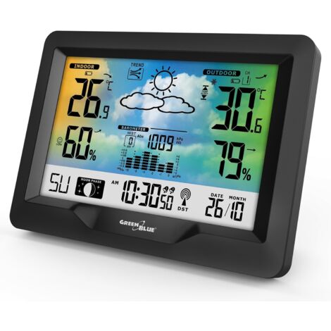 Green Blue GB540 Stazione meteo con display a colori, orologio radiocontrollato DCF, temperatura interna ed esterna, previsioni meteo, fasi lunari, sensore esterno (Stazione meteo + alimentatore 5V)