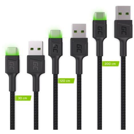 Green Cell Set 3x Câble USB-C GC Ray 30cm, 120cm, 200cm avec rétroéclairage LED vert, charge rapide UC, QC 3.0