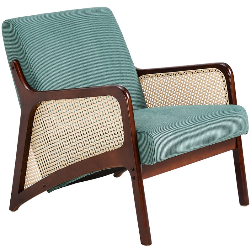 Livingandhome - Green Corduroy Armchair with Rattan Armrest