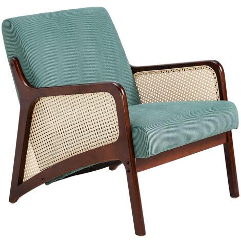 Green Corduroy Armchair with Rattan Armrest