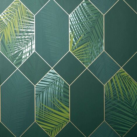 Green Gold Miami Wallpaper Fine Decor Tropical Jungle Geometric Metallic