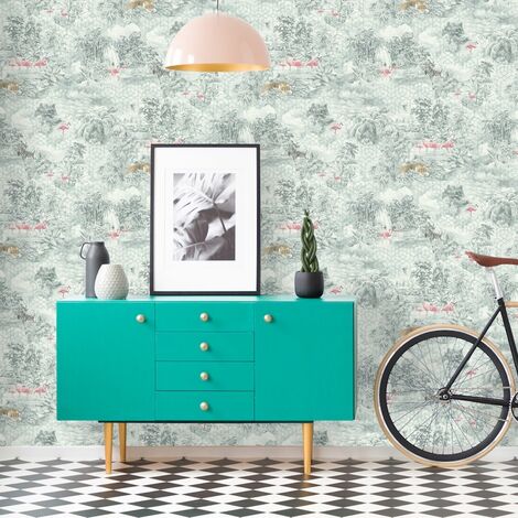 Green Jungle Themed Wallpaper Tigers Pink Flamingos Zebras Geometric Shimmer