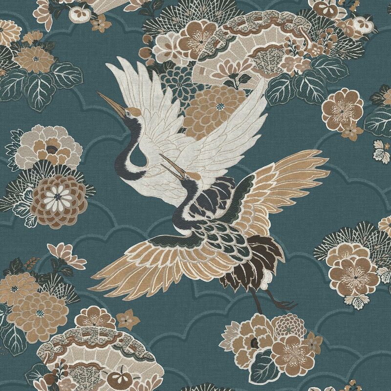 Green Kyoto Crane Wallpaper Textured Oriental Japanese Birds Floral Yellow