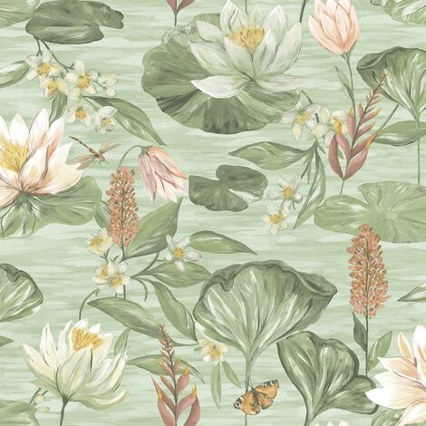 Green Lily Pad Wallpaper Holden Floral Butterfly Pink Natural Flower Botanical