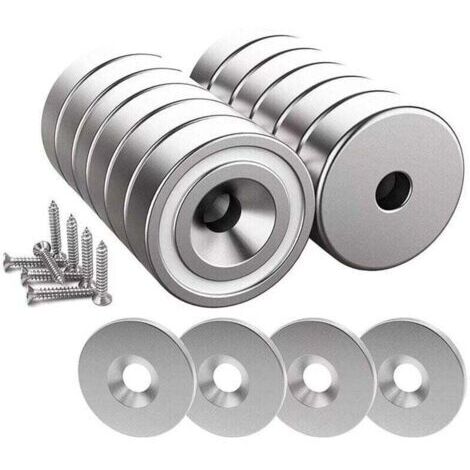Green Mobility-12 aimants néodyme force 10 kg 20 x 7 mm avec trou et capsule, aimant à tête fraisée avec vis et 12 pastilles en acier (argent brillant)