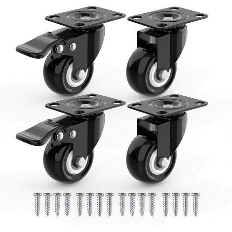 Green Mobility-4 Roulettes Pivotantes Pour Meubles dont 2 avec Frein + Vis 40mm Jusqu'à 80KG Roulette Sans Traces au Sol pour Charge Lourde Roue en Caoutchouc pour Chariot Noires