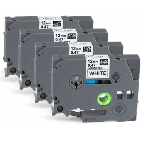 Green Mobility-4 x Ruban Etiqueteuse Cassette Ruban pour étiqueteuse Noir sur Blanc 12mm x 8m,Compatible Brother P-Touch Étiqueteuses PT-E100 PT-E200 D200 D210 H100 P300BT 1010 1090 110CH 1230PC