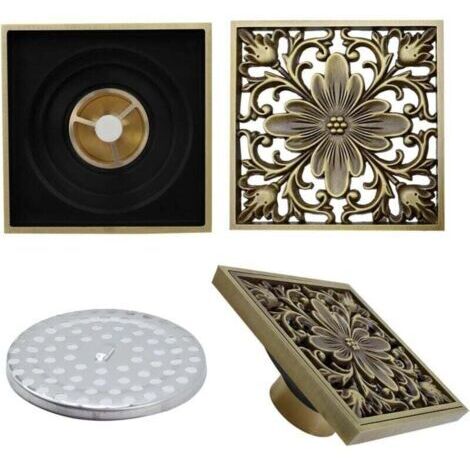 Green Mobility-Bonde de sol en laiton  pour salle de bain – Bonde de douche carrée simple, ornée d'un motif floral antique, pour WC de jardin, 10 x 10 cm - 8732T
