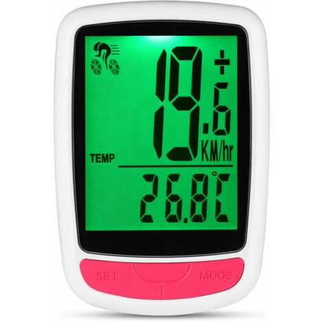 Green Mobility-Compteur de vitesse sans fil pour bicyclette Compteur de vitesse en chinois et en anglais Compteur kilométrique à DEL super brillante à réveil automatique,boîtier blanc avec bouton roug