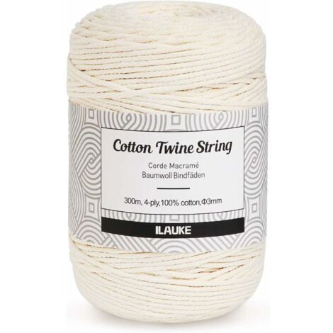 Green Mobility-Corde en macramé 3mm x 300m Corde de Coton 4-Ply Naturel Coton Cordon pour Hanging Plant DIY Décoration,Tisser des Ornements de Bohême,des Capteurs de Rêves, des Décorations de Mariage 