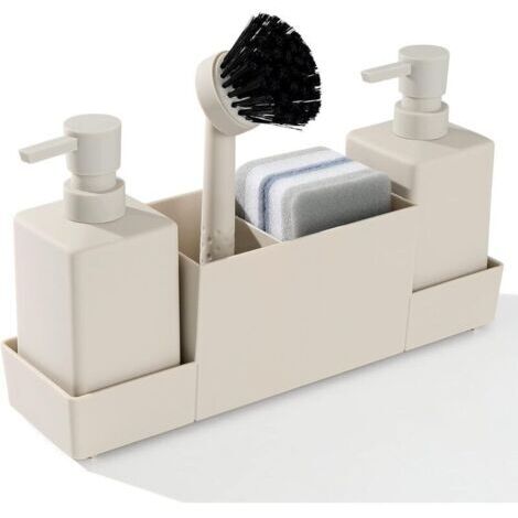 Green Mobility-Distributeur de savon de cuisine avec porte-éponge pour évier, distributeur de savon pour les mains et de liquide vaisselle avec brosse, beige mat