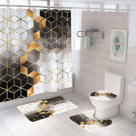 Green Mobility-Ensemble de 4 rideaux de douche noirs dégradés, ensemble de salle de bain en marbre noir et doré,  avec tapis