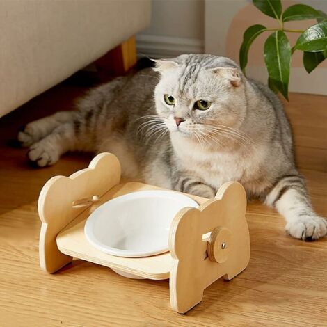 Green Mobility-Gamelle Chien Chat Surélevée en Ceramique, Incliné 15° Bol Nourriture pour Chat Chien Anti Vomissement Antidérapante, Bol Alimentaire Chat avec Support en Bois pour Petit Chien et Chat 