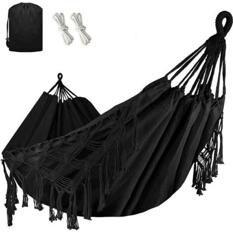 Green Mobility-Hamac d'extérieur bohème à pompons, double hamac en toile durable pour la maison, l'extérieur, le jardin, la plage, Noir