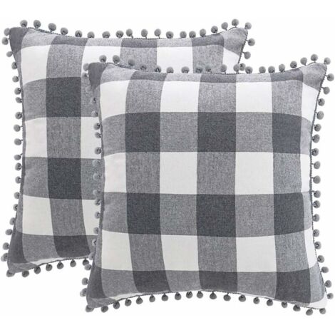 Green Mobility-Housse de Coussin à Carreaux Lot de 2 Housse de Coussin Décorative avec Pompons Housse de Coussin Décorative 45x45cm avec Fermeture Éclair Cachée Gris et Blanc