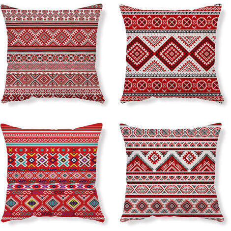 Green Mobility-Housses De Coussin Taie D Oreiller Coussin Ethnique Taie D Oreiller Rouge Housse De Coussin Abstrait Housse Coussin Lin Coussin Geometrique Taie Oreiller 45X45 Lot De 4 Pour Canapé Cham