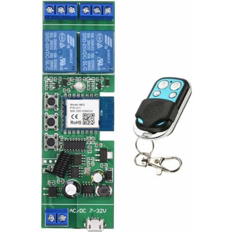 Green Mobility-Interrupteur Wifi Tuya 2Ch Dc5V/732V, Module De Relais Sans Fil, Interrupteur De Telecommande A Fonction De Synchronisation, 2 Canaux Plus Telecommande En Metal A Quatre Boutons