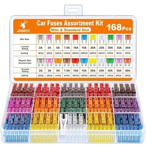 Green Mobility-Kit de fusibles  168 pièces pour voiture, 114 mini fusibles + 54 fusibles moyens + 1 extracteur de fusibles - pour voiture/camping-car/camion/moto (2A 3A 5A 7,5A 10A 15A 20A 25A 30A 35A