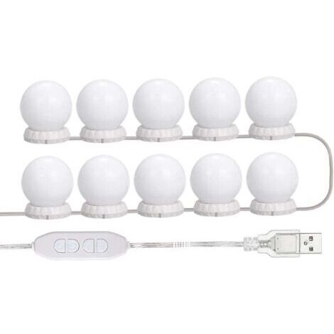 Green Mobility-Kit d'éclairage LED  pour miroir de maquillage avec 10 ampoules réglables, 10 niveaux de luminosité et 3 modes, guirlande lumineuse USB pour miroir de maquillage