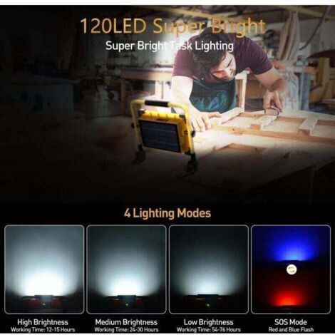 Green Mobility-Lampe de travail LED solaire rechargeable  100 W, 120 LED, batterie externe USB étanche 12 000 mAh pour la réparation automobile, le garage et le camping.