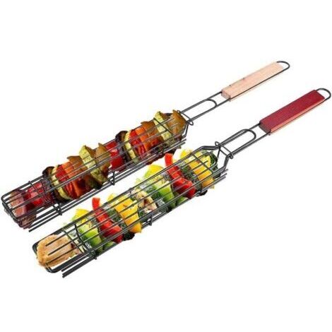 Green Mobility-Lot de 2 paniers à barbecue avec poignées en bois, parfaits pour griller brochettes de viande, saucisses, légumes, poisson, crevettes, etc. Dimensions : 49 x 4,7 cm