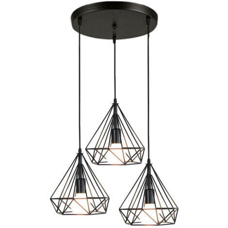 Green Mobility-Lustre Antique Diamant 3 Lumières Suspension Luminaire Rétro Plafonnier Noir Industriel Métal Vintage 25 CM