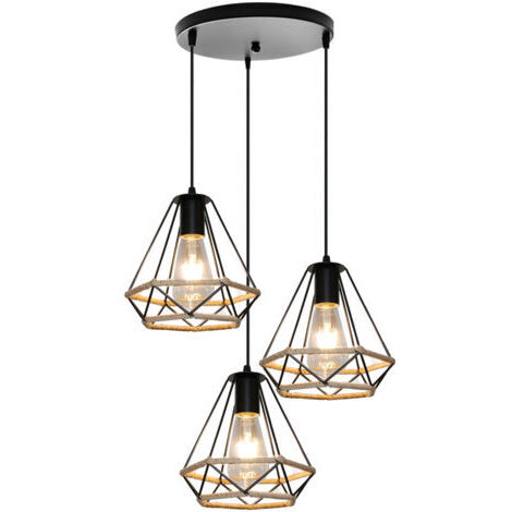 Green Mobility-Lustre Rétro En Diamant Noir, Lampe À Suspension En Corde De Chanvre 20CM Plafonnier D'Intérieur À 3 Lumières Pour Chambre À Coucher Loft